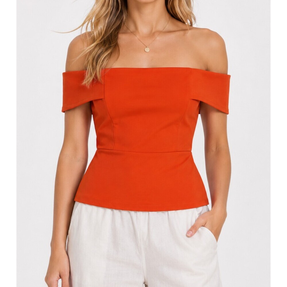 Anthropologie Deletta Off Shoulder Stretch Ponte Orange Knit Blouse - Size Small